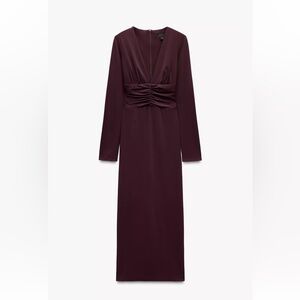 Zara Long Sleeve Ruched Waist V-Neck Dress - Plum Size M